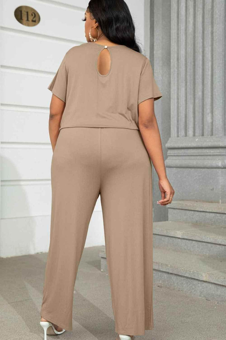 Plus Size Drawstring Waist Short Sleeve Jumpsuit women Attire by Trendsi