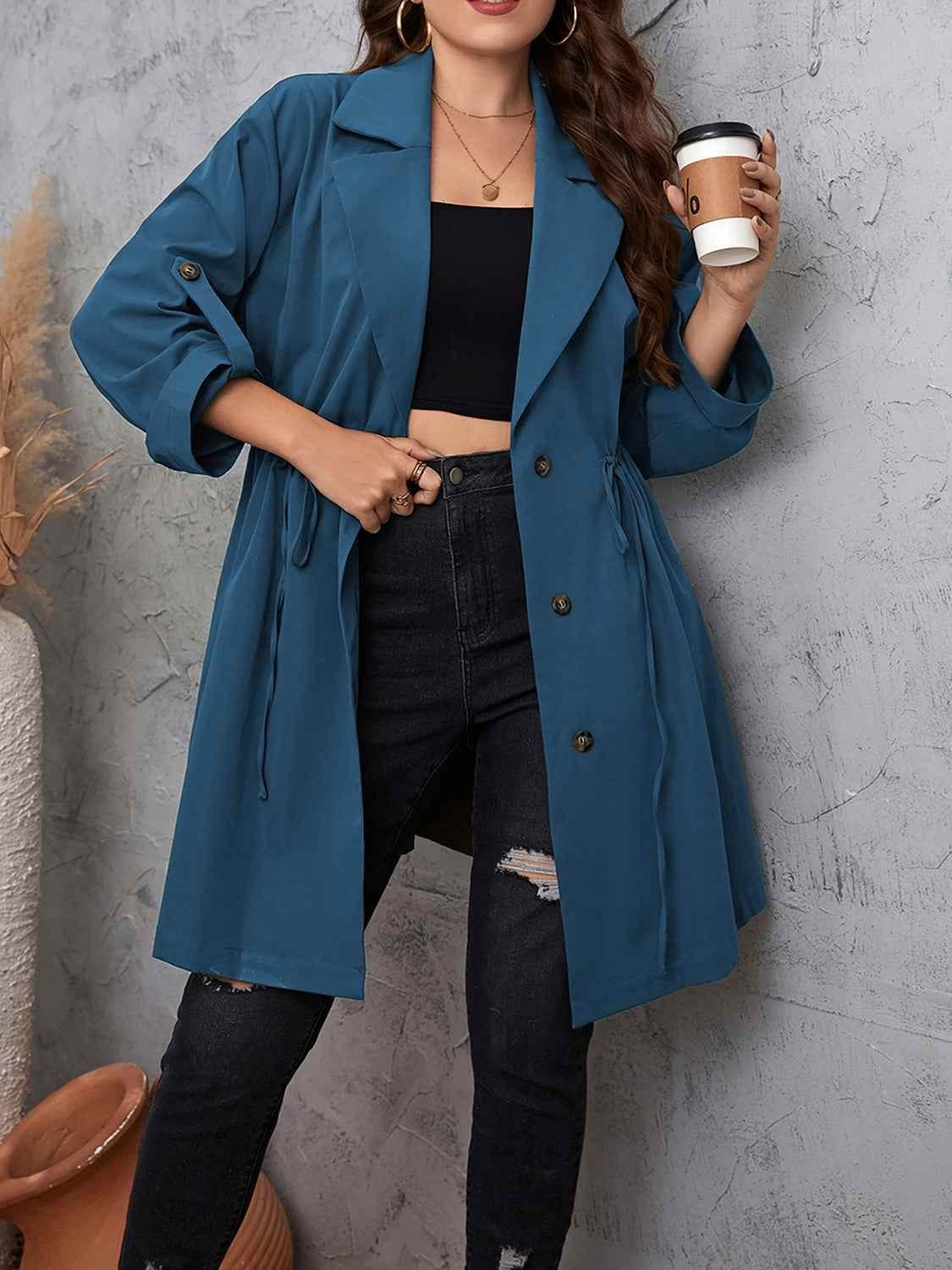 Honey Plus Size Lapel Collar Drawstring Roll-Tab Sleeve Trench Coat women Attire by Trendsi