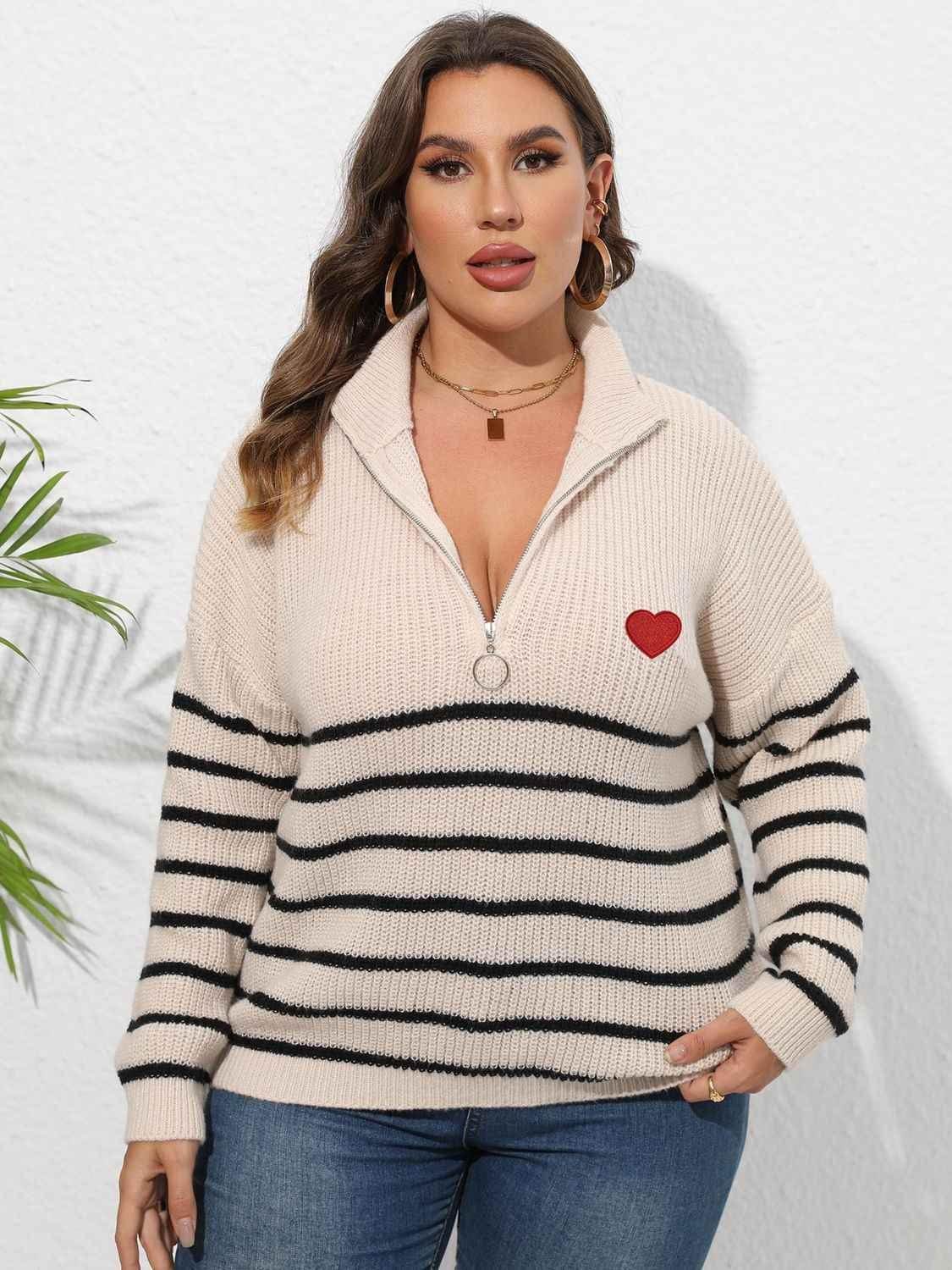 Plus Size Zip-Up Striped Sweater women Attire by Trendsi