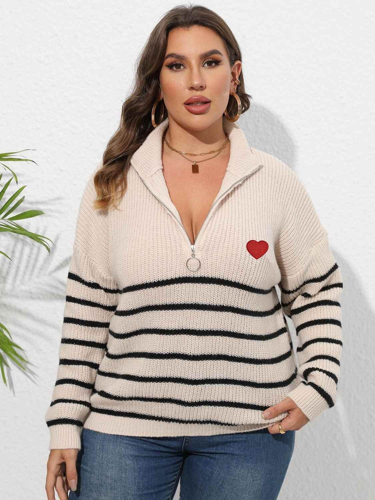 Plus Size Zip-Up Striped Sweater women Attire by Trendsi