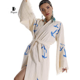 Handcrafted Seagull Print Kimono Robe in Organic Cotton - Bohemian Beach Cover Up by Miyawfashion