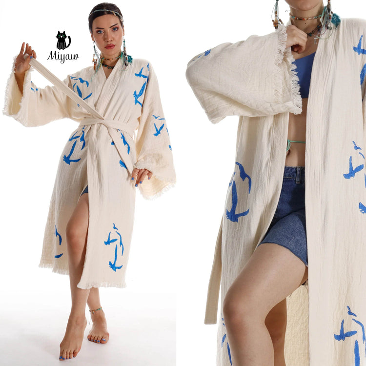 Handcrafted Seagull Print Kimono Robe in Organic Cotton - Bohemian Beach Cover Up by Miyawfashion
