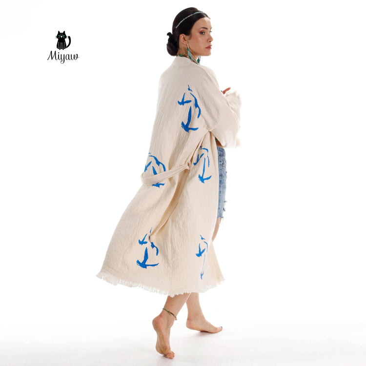 Handcrafted Seagull Print Kimono Robe in Organic Cotton - Bohemian Beach Cover Up by Miyawfashion