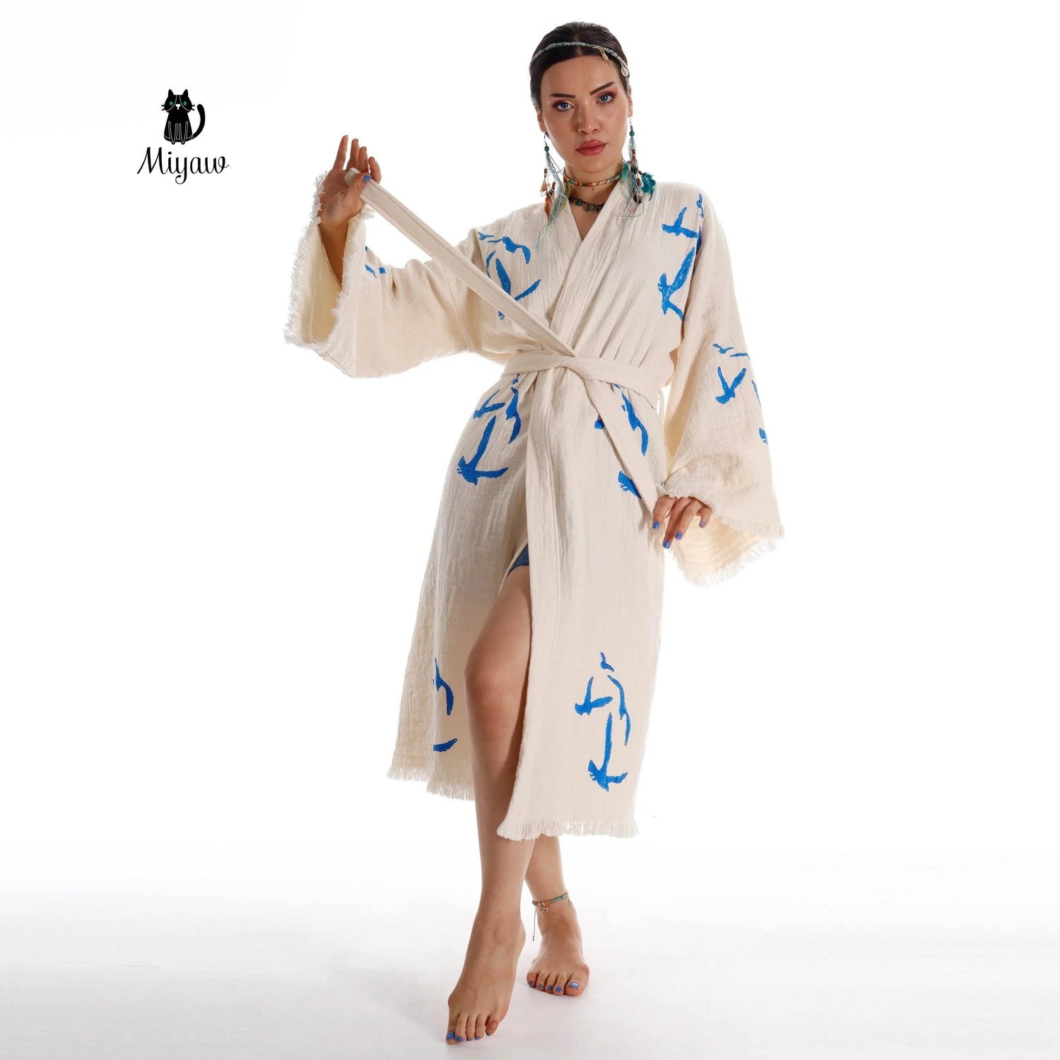 Handcrafted Seagull Print Kimono Robe in Organic Cotton - Bohemian Beach Cover Up by Miyawfashion