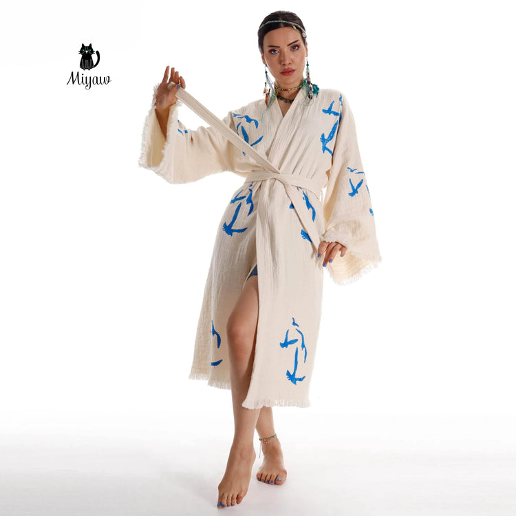 Handcrafted Seagull Print Kimono Robe in Organic Cotton - Bohemian Beach Cover Up by Miyawfashion