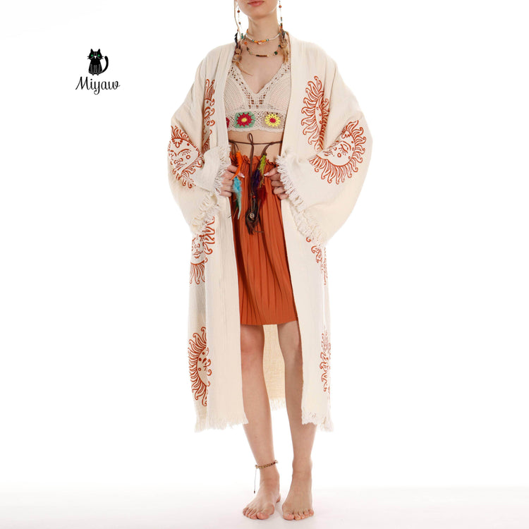 Unique Sun Stamped Robe: Eco-Friendly Organic Cotton Boho Kimono Bathrobe by Miyawfashion