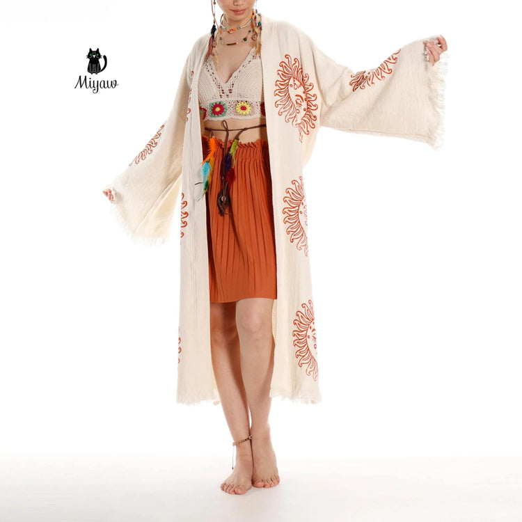 Unique Sun Stamped Robe: Eco-Friendly Organic Cotton Boho Kimono Bathrobe by Miyawfashion