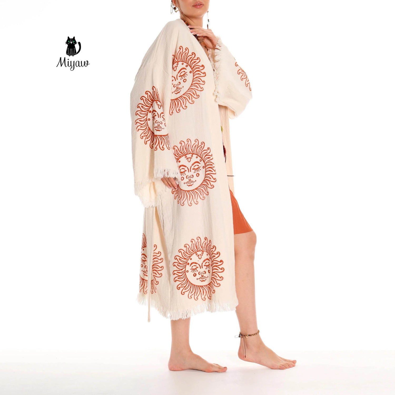 Unique Sun Stamped Robe: Eco-Friendly Organic Cotton Boho Kimono Bathrobe by Miyawfashion