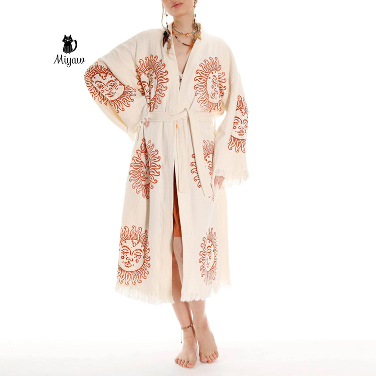 Unique Sun Stamped Robe: Eco-Friendly Organic Cotton Boho Kimono Bathrobe by Miyawfashion