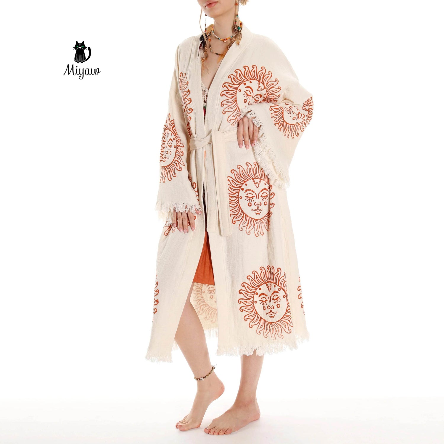 Unique Sun Stamped Robe: Eco-Friendly Organic Cotton Boho Kimono Bathrobe by Miyawfashion