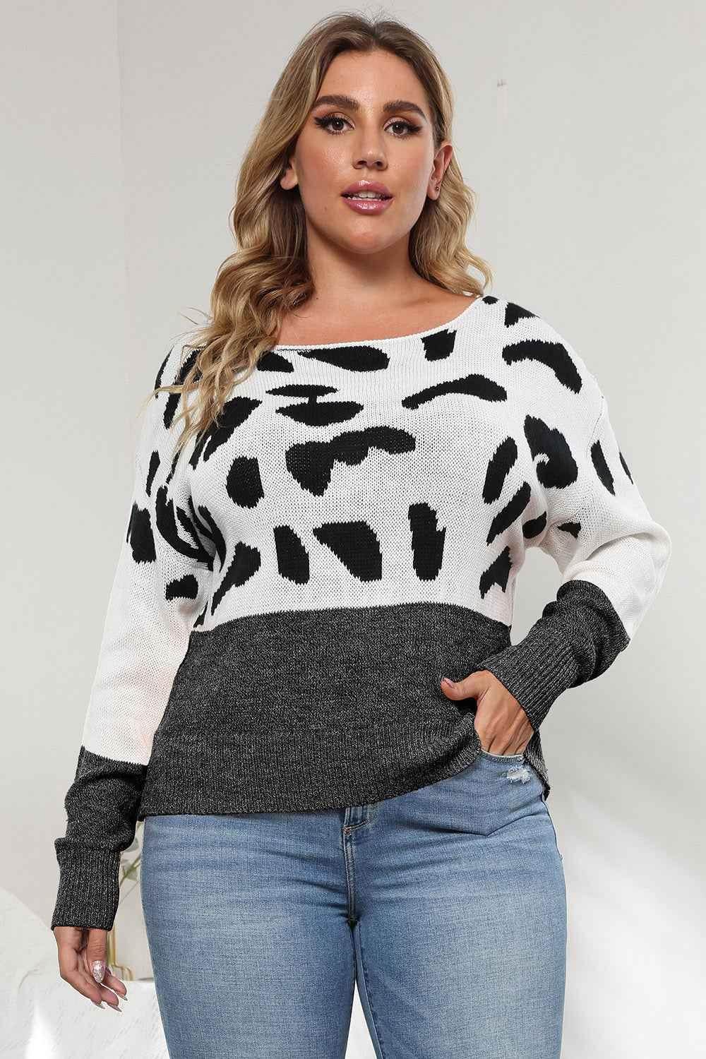 Plus Size Leopard Round Neck Long Sleeve Sweater women Attire by Trendsi
