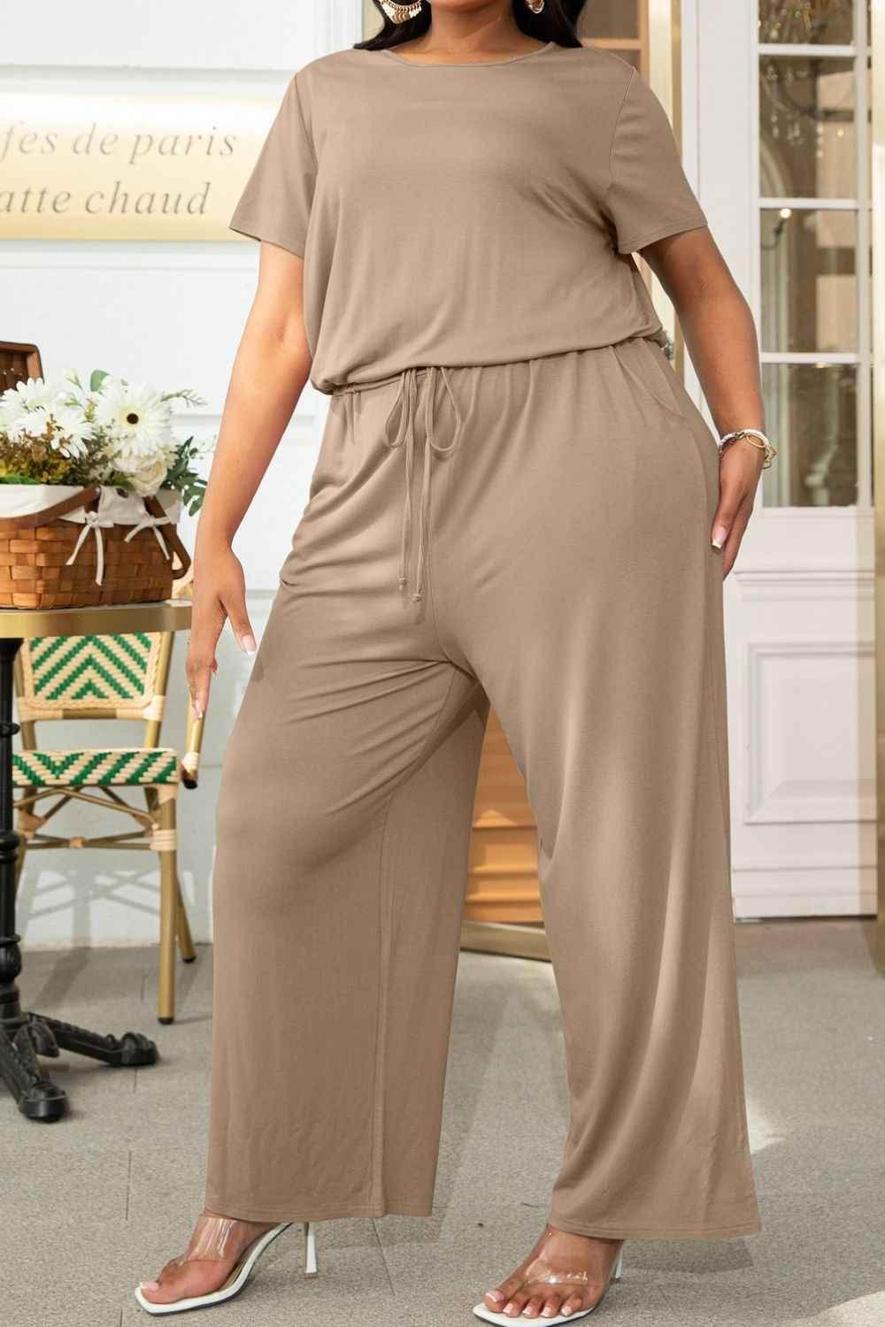 Plus Size Drawstring Waist Short Sleeve Jumpsuit women Attire by Trendsi