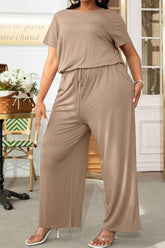 Plus Size Drawstring Waist Short Sleeve Jumpsuit women Attire by Trendsi