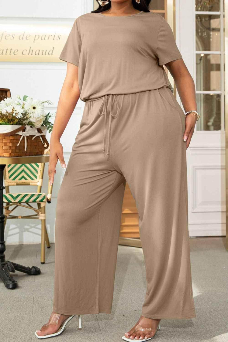 Plus Size Drawstring Waist Short Sleeve Jumpsuit women Attire by Trendsi