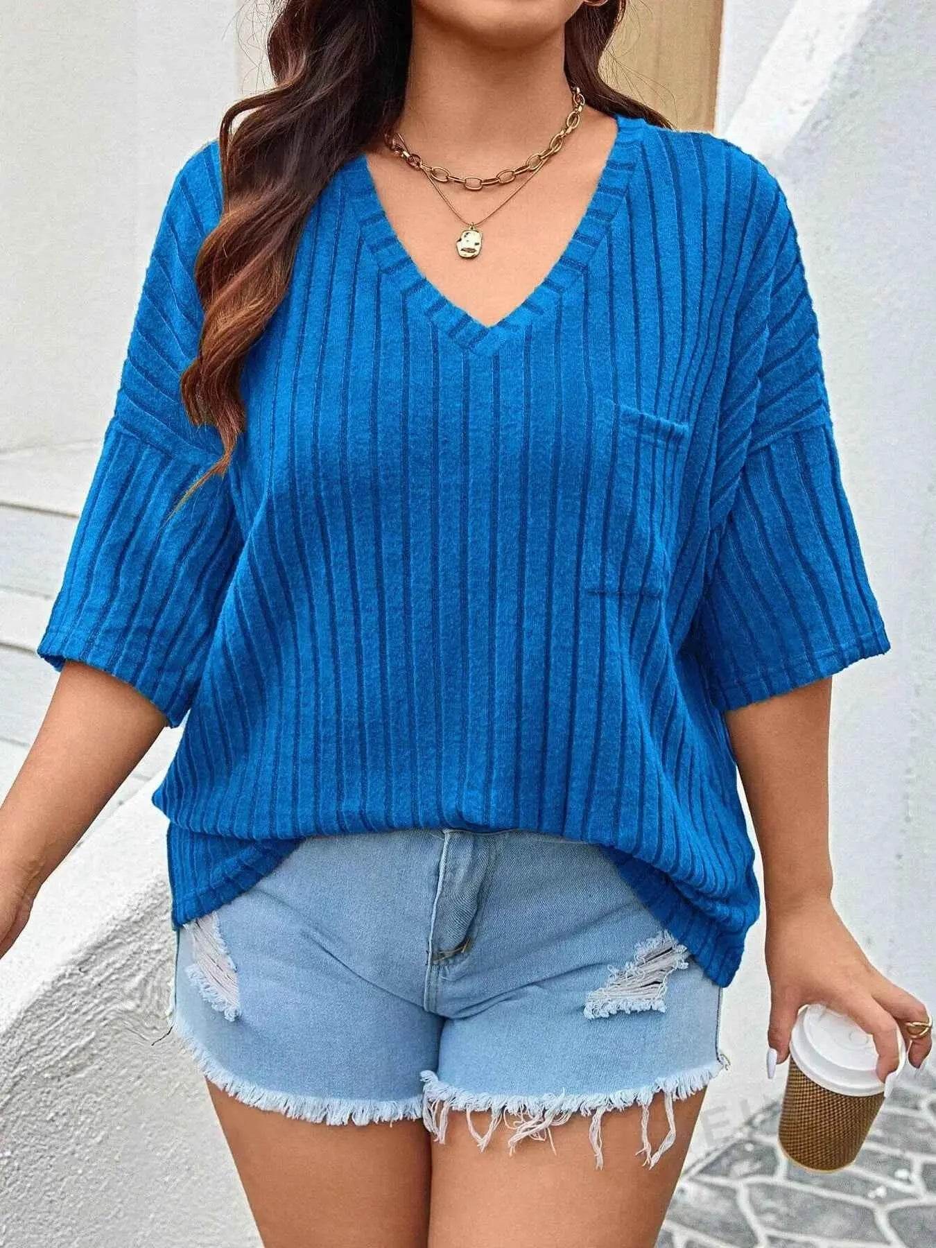 Plus Size V-Neck Ribbed Knit T-Shirt women Attire by Trendsi