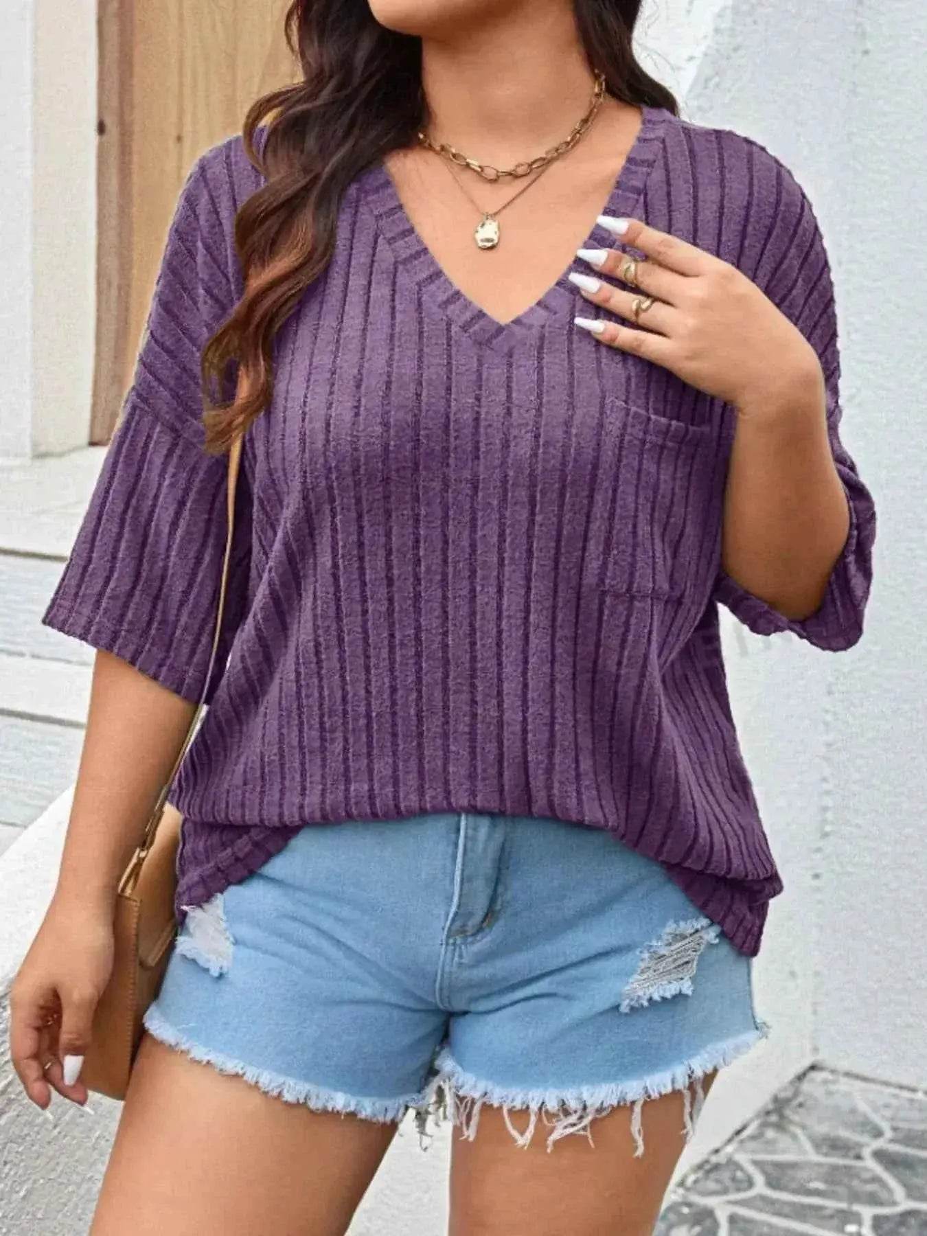 Plus Size V-Neck Ribbed Knit T-Shirt women Attire by Trendsi