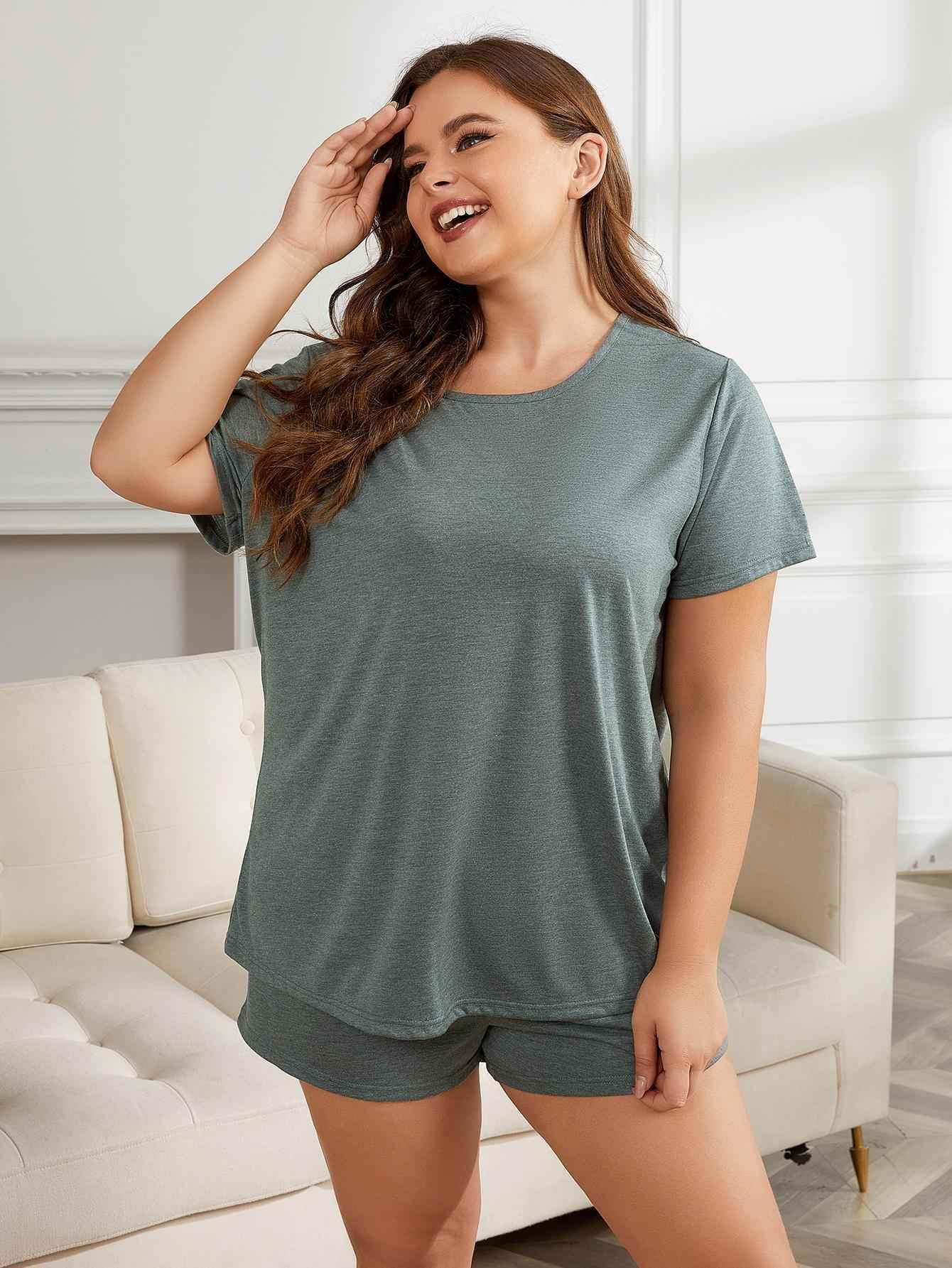 Plus Size Round Neck Short Sleeve Two-Piece Loungewear Set women Attire by Trendsi