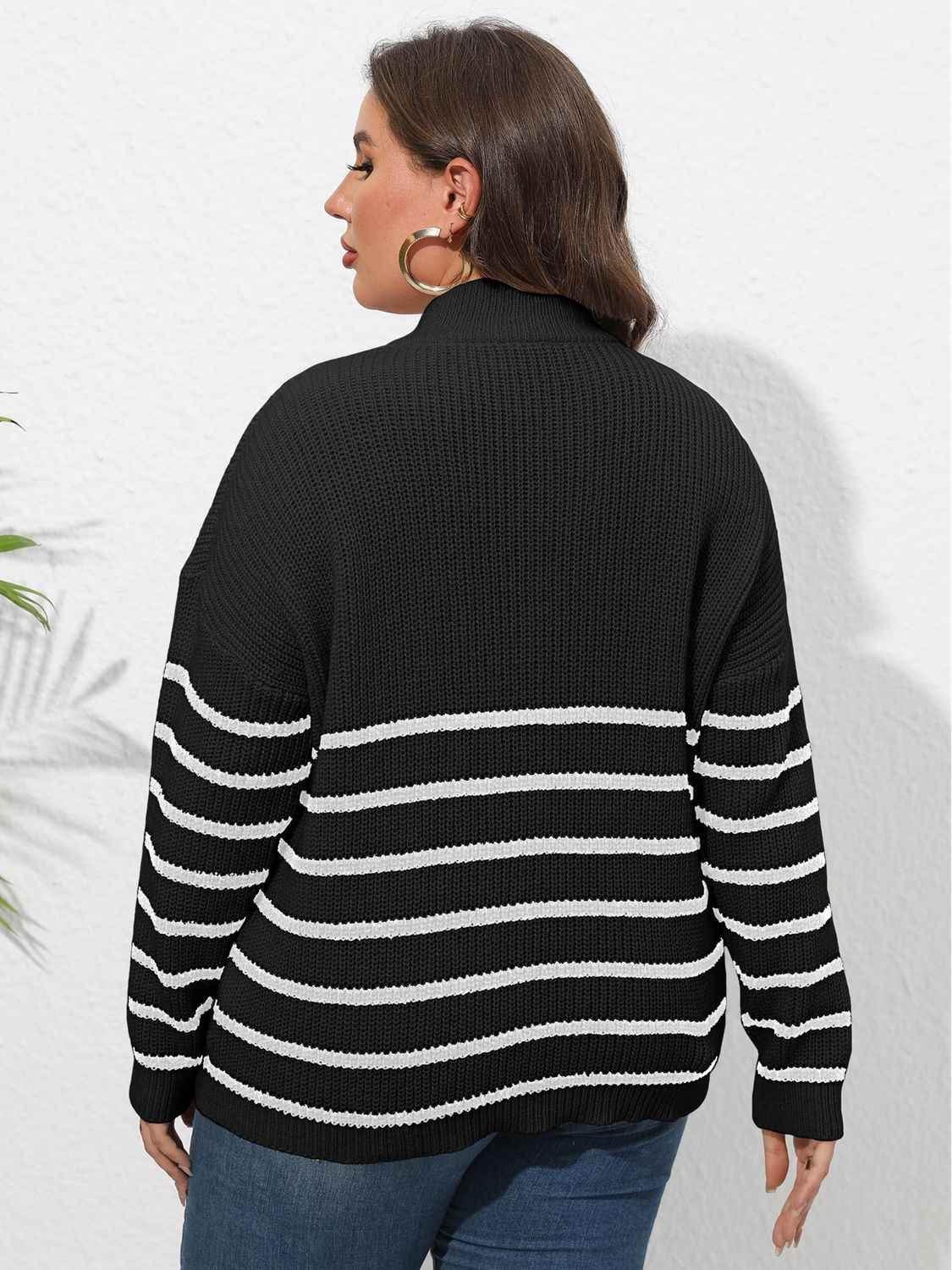 Plus Size Zip-Up Striped Sweater women Attire by Trendsi