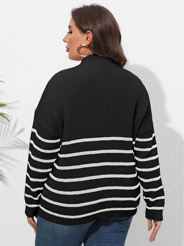 Plus Size Zip-Up Striped Sweater women Attire by Trendsi