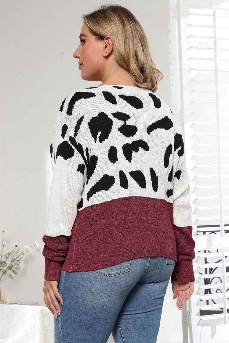 Plus Size Leopard Round Neck Long Sleeve Sweater women Attire by Trendsi
