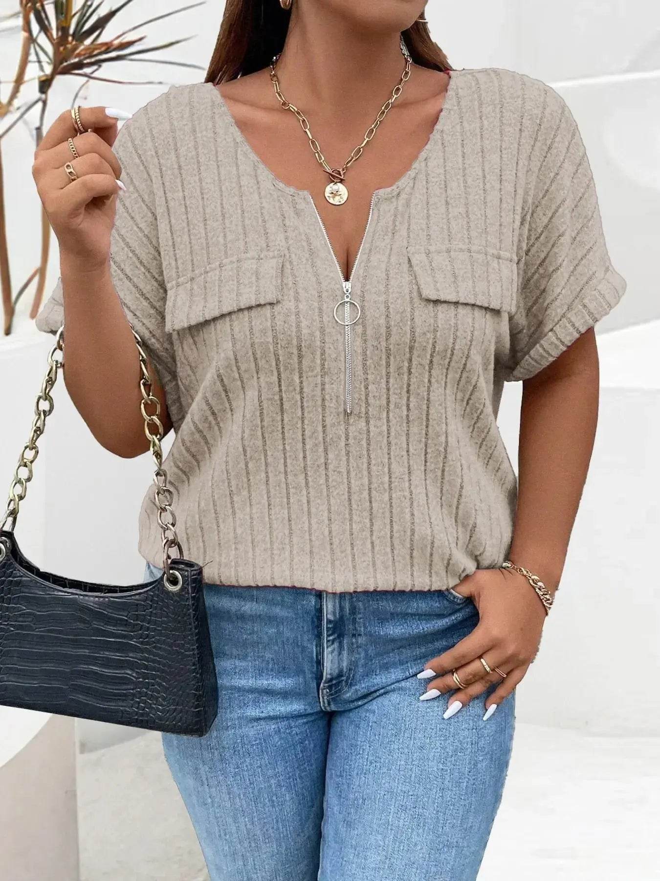 Plus Size Ribbed Half Zip Relaxed Fit T-Shirt women Attire by Trendsi