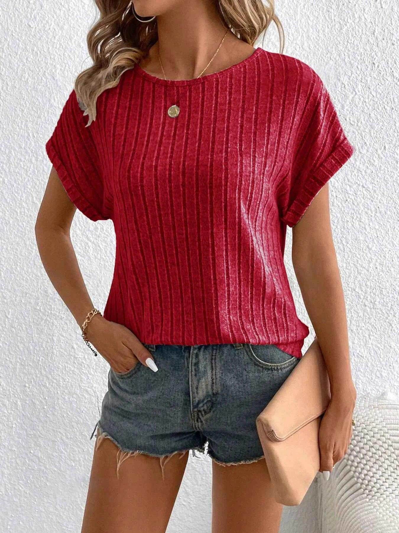 Plus Size Ribbed Texture Short Sleeve T-Shirt women Attire by Trendsi