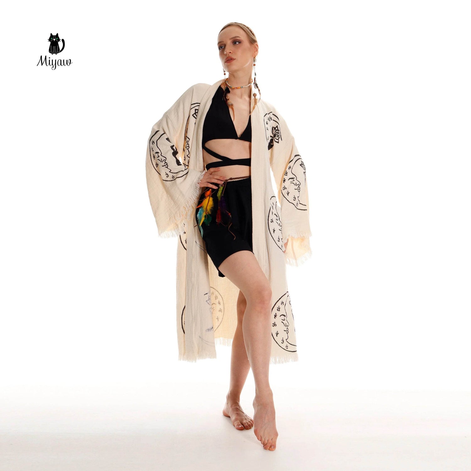Boho Cotton Kimono Robe – Yoga Girl & Moon Stamp, Organic Loungewear by Miyawfashion