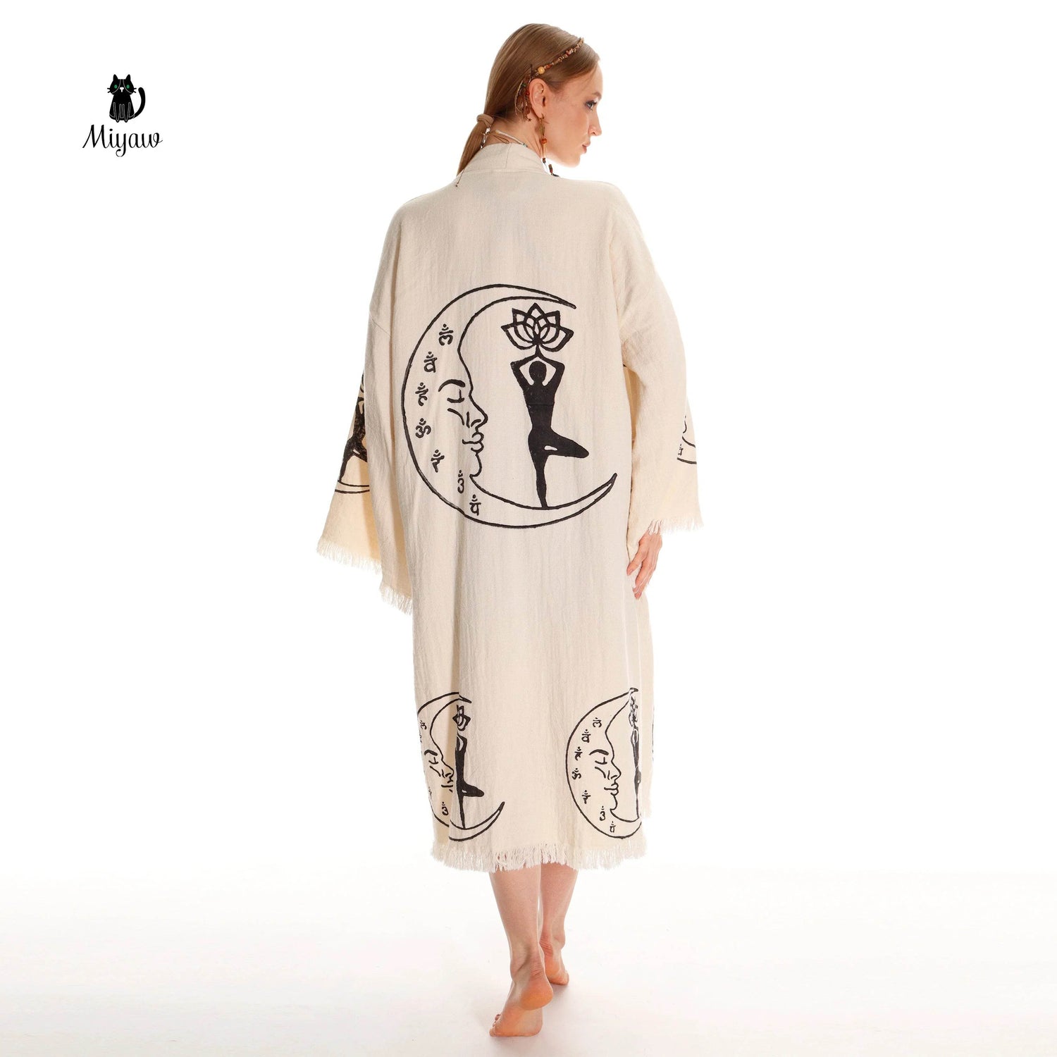 Boho Cotton Kimono Robe – Yoga Girl & Moon Stamp, Organic Loungewear by Miyawfashion