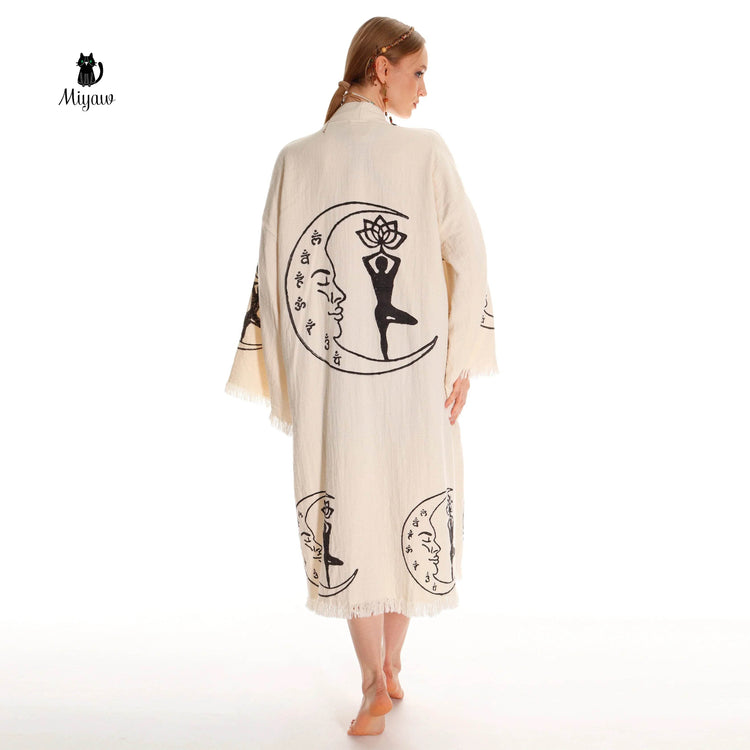 Boho Cotton Kimono Robe – Yoga Girl & Moon Stamp, Organic Loungewear by Miyawfashion