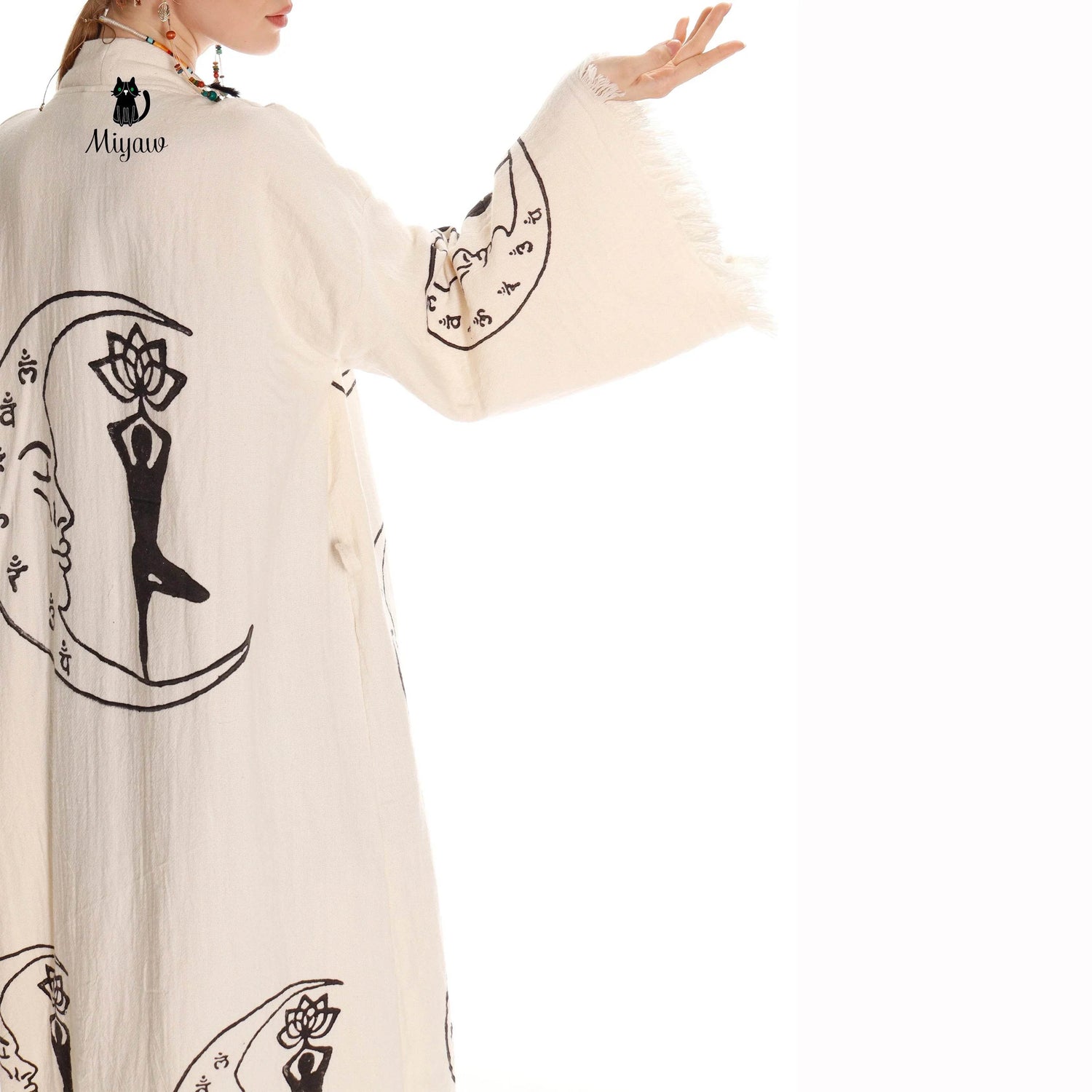 Boho Cotton Kimono Robe – Yoga Girl & Moon Stamp, Organic Loungewear by Miyawfashion