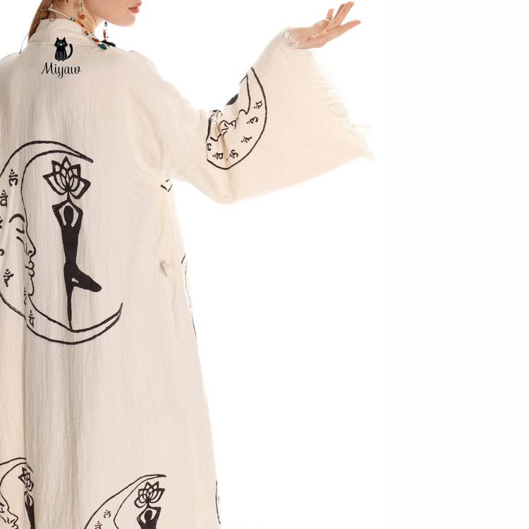 Boho Cotton Kimono Robe – Yoga Girl & Moon Stamp, Organic Loungewear by Miyawfashion