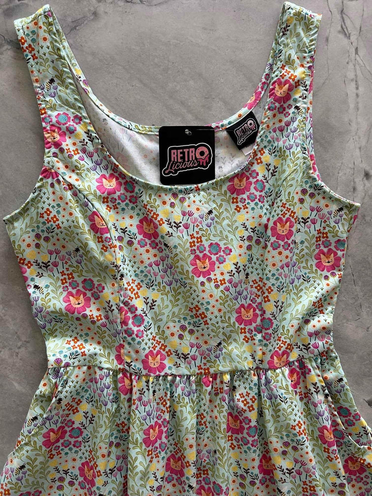Floral Cats Fit & Flare Dress Dresses by Retrolicious