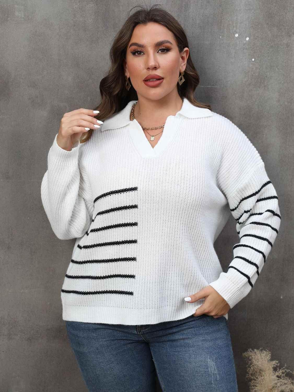 Plus Size Striped V-Neck Sweater women Attire by Trendsi