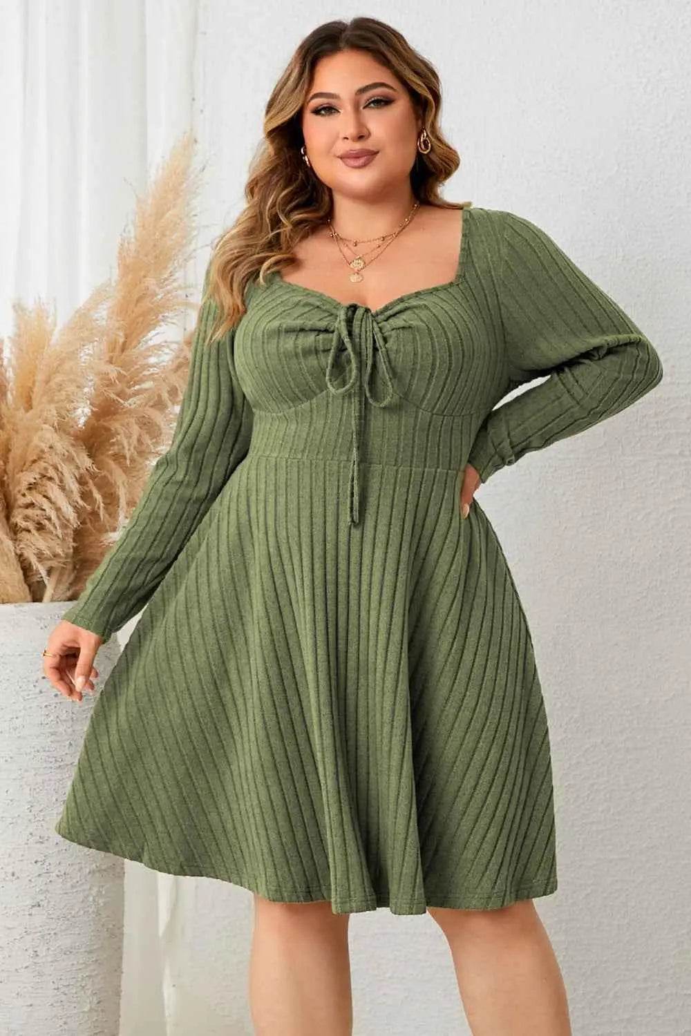 Honey Plus Size Sweetheart Neck Long Sleeve Ribbed Dress women Attire by Trendsi