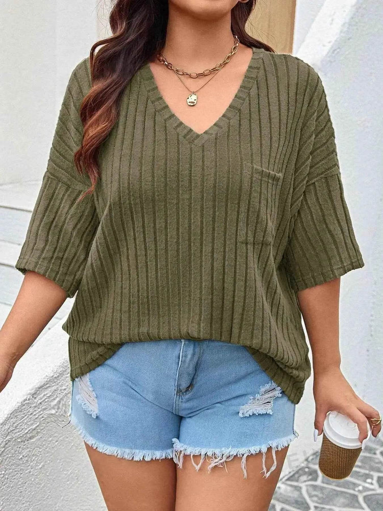 Plus Size V-Neck Ribbed Knit T-Shirt women Attire by Trendsi
