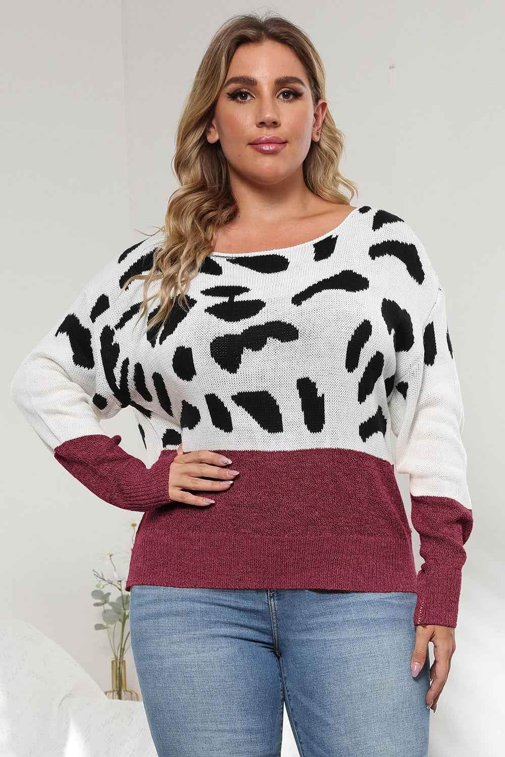Plus Size Leopard Round Neck Long Sleeve Sweater women Attire by Trendsi