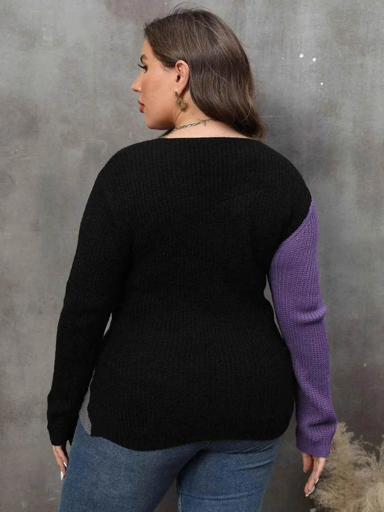 Plus Size Two-Tone Surplice Neck Sweater women Attire by Trendsi