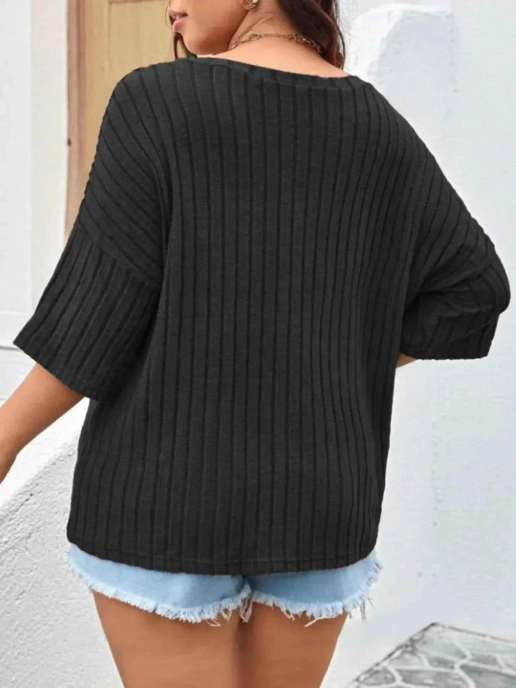 Plus Size V-Neck Ribbed Knit T-Shirt women Attire by Trendsi