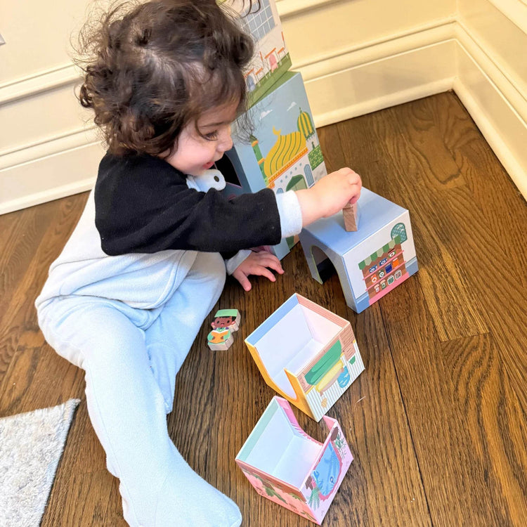 Stacking Houses (Set of 5 Houses and 3 Hardwood Characters) by Lala + Mo