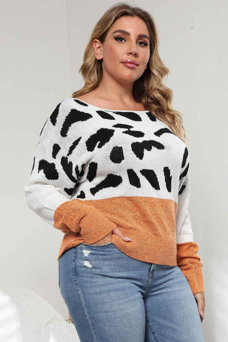 Plus Size Leopard Round Neck Long Sleeve Sweater women Attire by Trendsi
