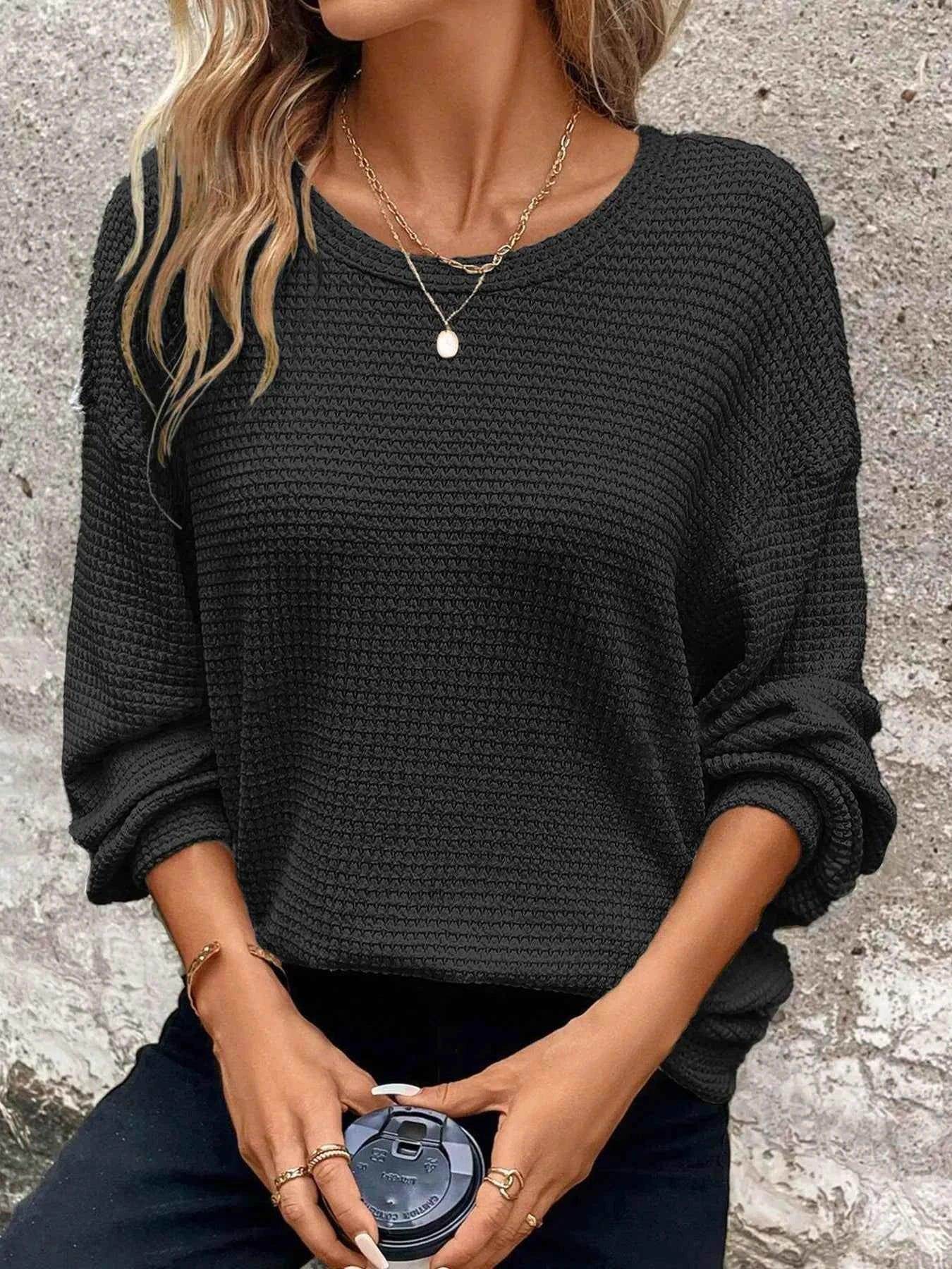 Plus Size Relaxed Fit Waffle Knit Round Neck T-Shirt women Attire by Trendsi