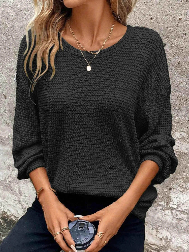 Plus Size Relaxed Fit Waffle Knit Round Neck T-Shirt women Attire by Trendsi