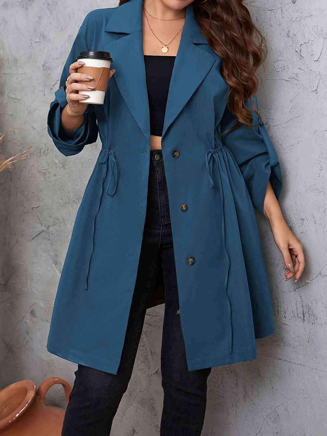 Honey Plus Size Lapel Collar Drawstring Roll-Tab Sleeve Trench Coat women Attire by Trendsi