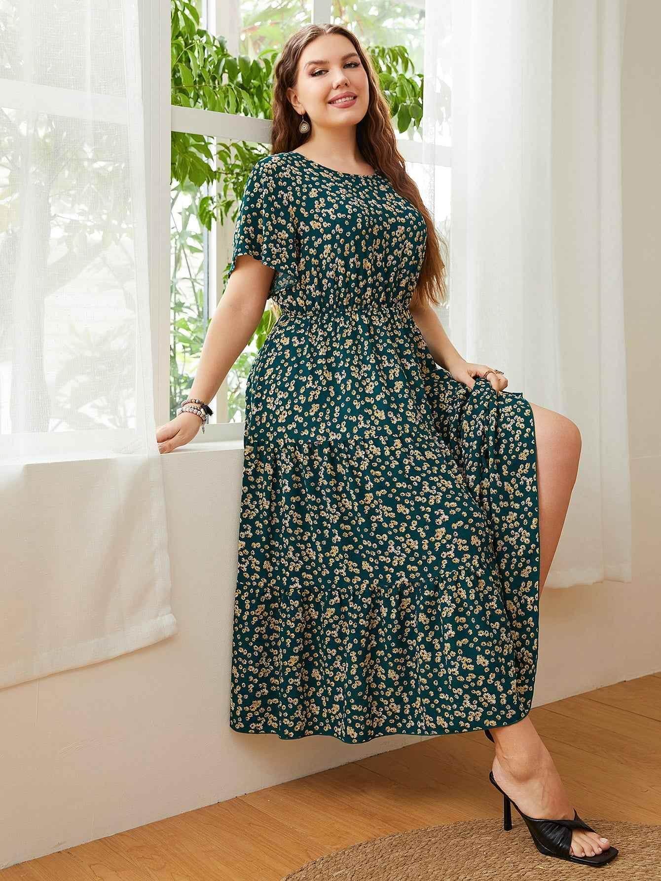 Honey Plus Size Floral Round Neck Short Sleeve Midi Dress women Attire by Trendsi