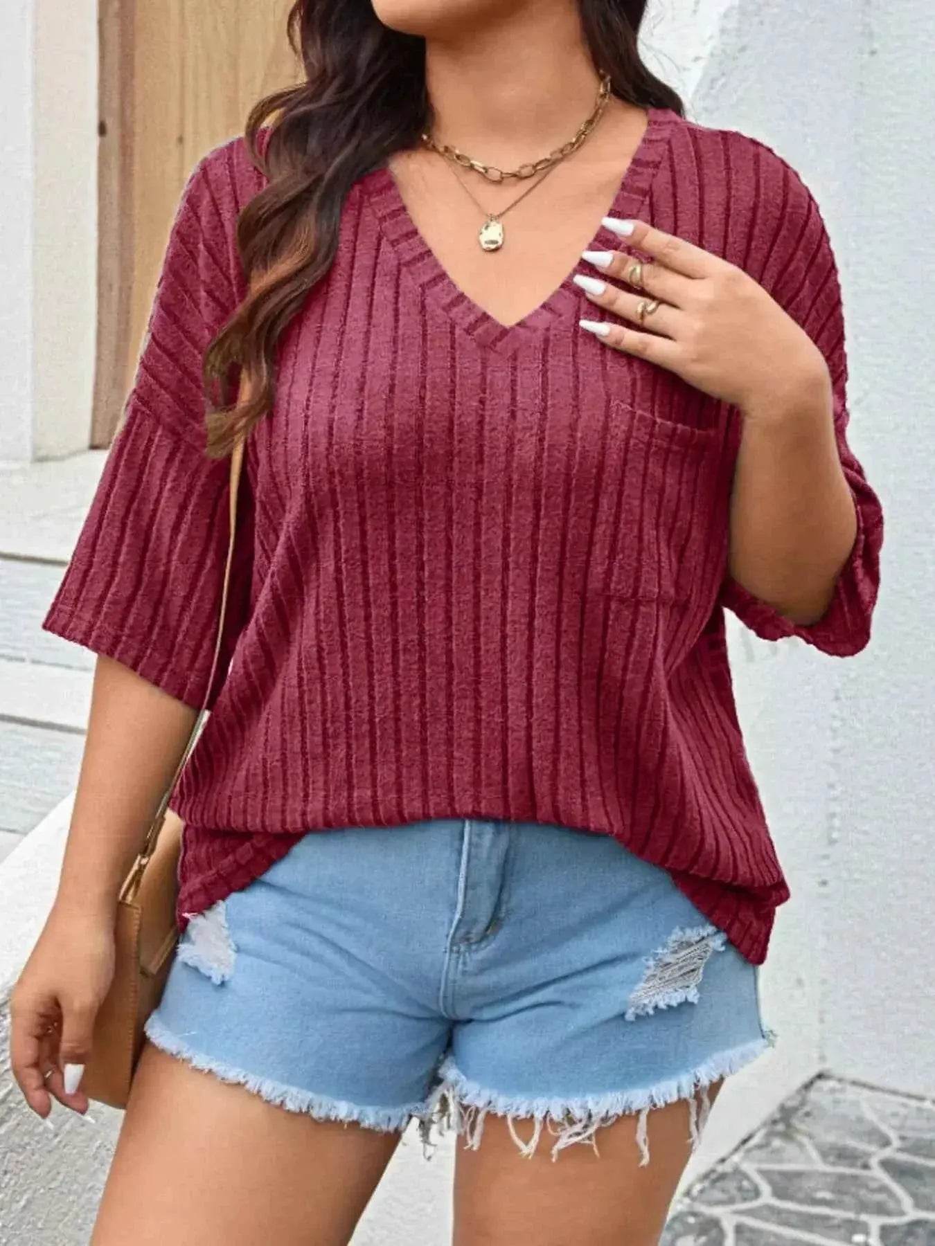 Plus Size V-Neck Ribbed Knit T-Shirt women Attire by Trendsi