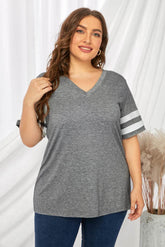 Plus Size Striped V-Neck Tee Shirt women Attire by Trendsi