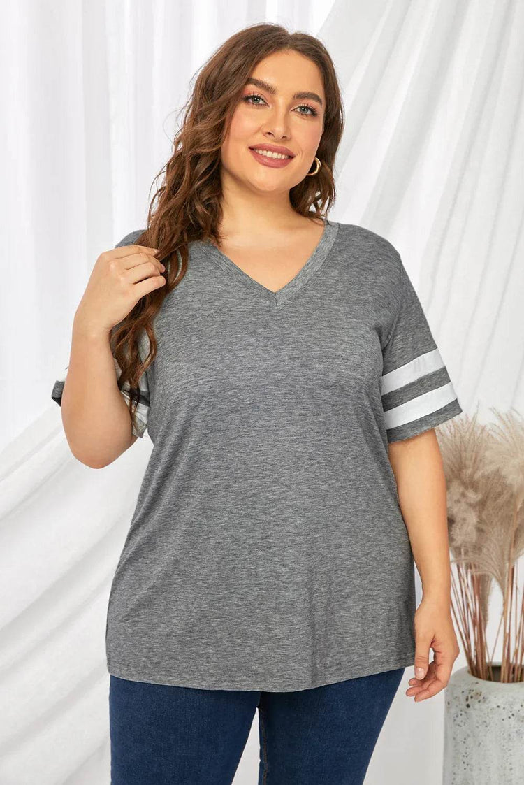 Plus Size Striped V-Neck Tee Shirt women Attire by Trendsi