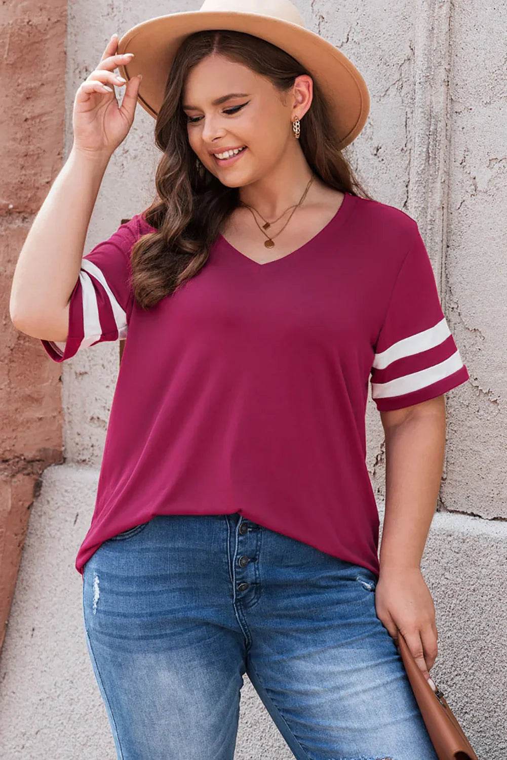 Plus Size Striped V-Neck Tee Shirt women Attire by Trendsi