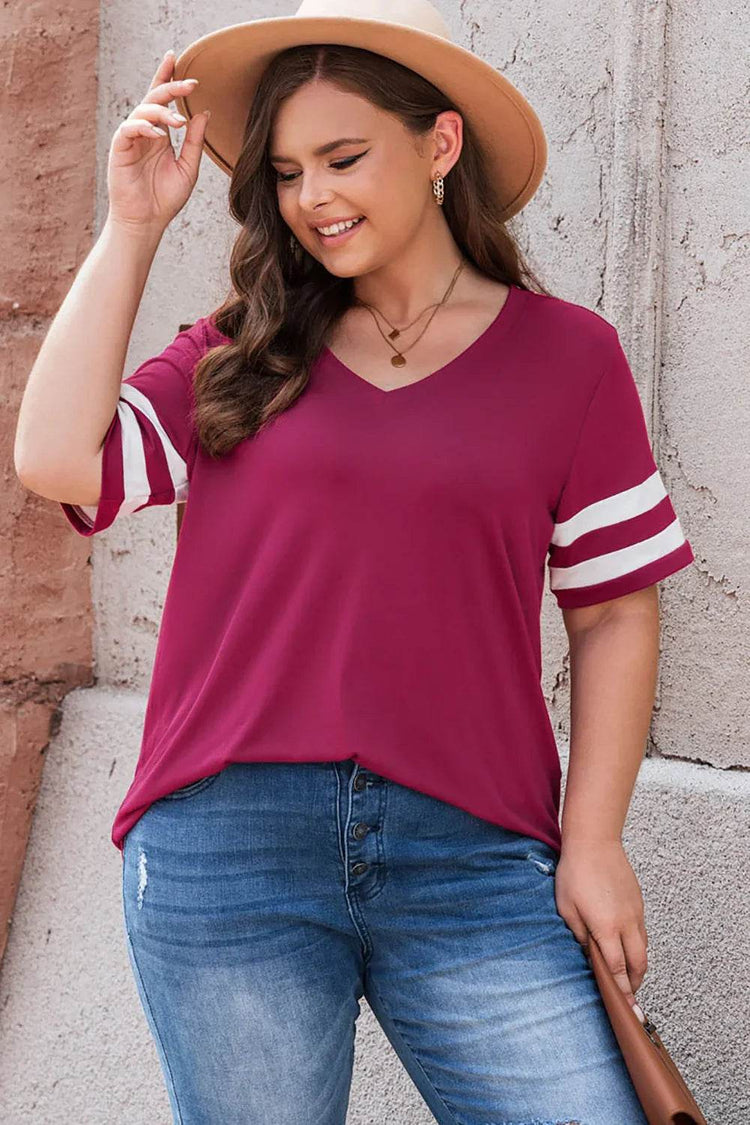 Plus Size Striped V-Neck Tee Shirt women Attire by Trendsi