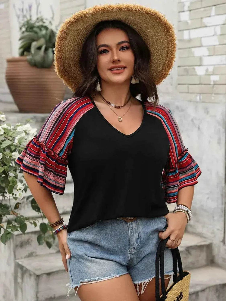 Plus Size V-Neck Flounce Sleeve Top women Attire by Trendsi